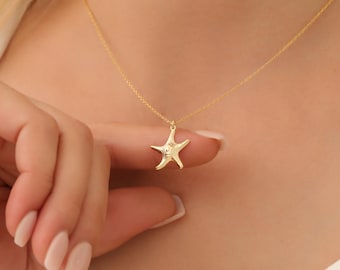Gold Starfish Necklace, Starfish Pendant Necklace, Minimal Ocean Jewelry, Beach Style Gold Necklace
