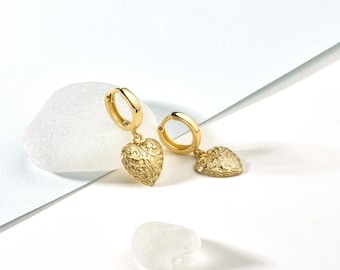 Pendientes colgantes de corazón de oro de 14k, pendientes colgantes de corazón de estilo vintage, pendientes de aro de corazón de filigrana, regalo de joyería romántica para ella.