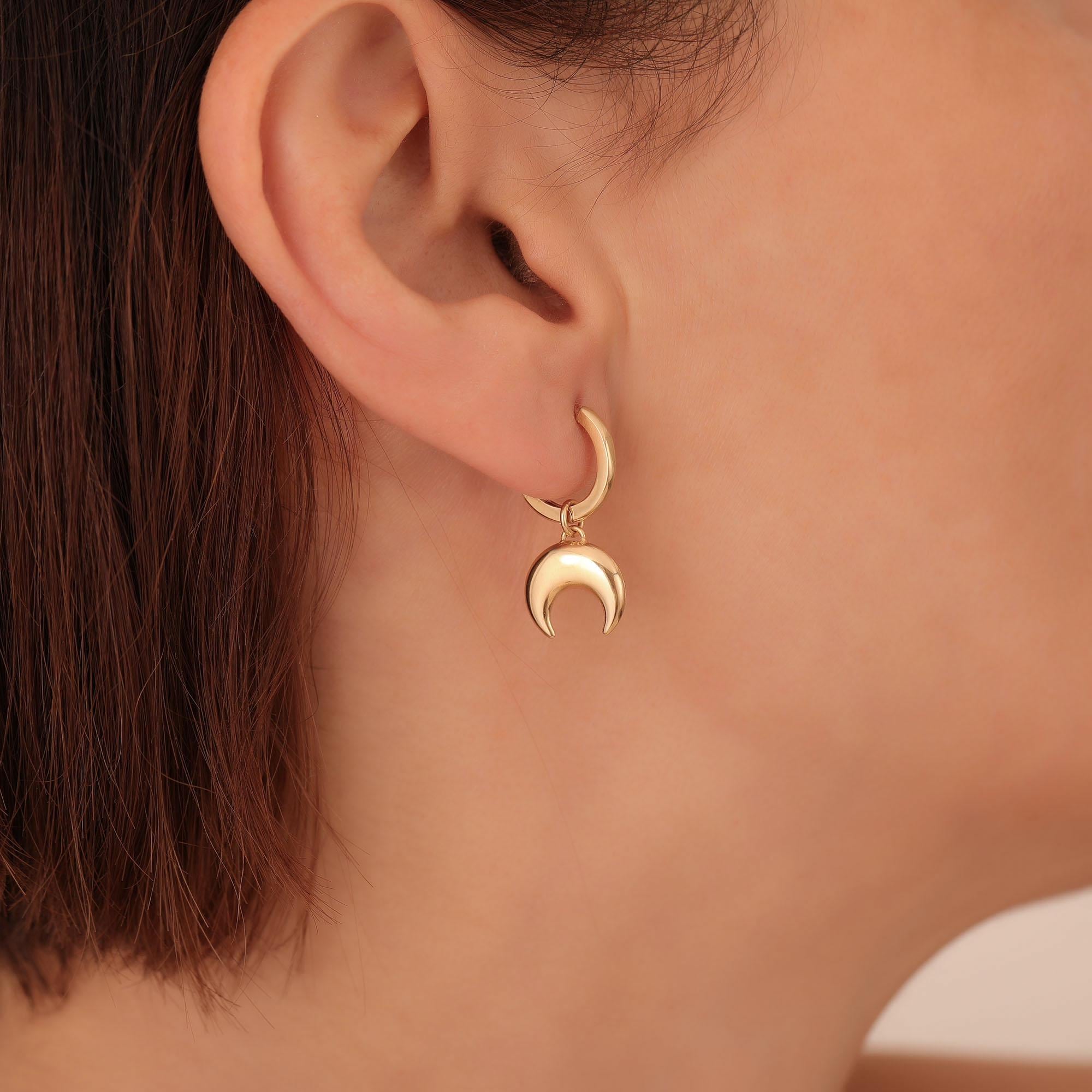 Small Gold Plated Sterling Silver Moon Pull Through Earrings – 925 Sterling Silver, Dangle Drop Style, No Stone, Jewellerybox