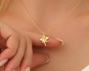 Collar de ángel de la guarda de oro, colgante de ángel con detalles, collar de ángel de oro de 14 quilates, joyería de ángel protector, regalo significativo para ella