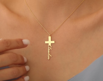 14k Gold Personalized Cross Name Necklace: Christian Religious Gift