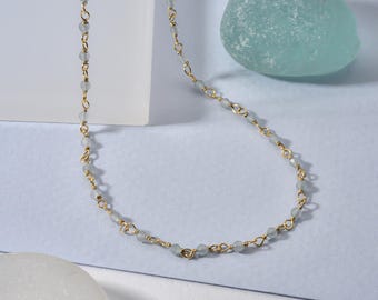 Collar con rosario de aguamarina chapado en oro de 14 quilates, collar con gema azul claro, joyería minimalista para combinar, regalo de piedra natal de marzo