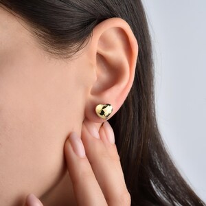 14k Solid Gold Puffy Heart Stud Earrings: Handmade Hammered Geometric Design