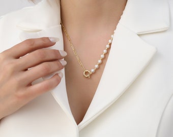 14K Gold Plated Silver Pearl Beaded Paperclip Chain Necklace, Half Pearl Half Chain Necklace, Toggle Clasp Necklace, Bridal Jewelry Gift