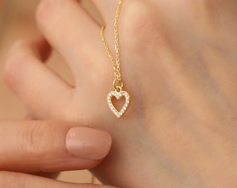 Collar de corazón de diamantes pavé de oro de 14 k, colgante de corazón de diamantes para novia, regalo de San Valentín