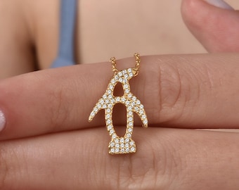 Diamond Penguin Necklace, Penguin Pave Pendant, 14K Gold Pinguin Charm Necklace, Birthday Gift, Animal Jewelry