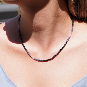 14k Gold Blue Sapphire Beaded Necklace: Faceted Rondelle, September Birthstone