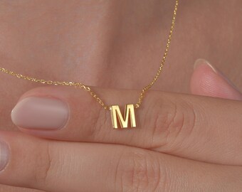 Collar con inicial de oro de 14 quilates: dije de letra personalizado en plata de ley