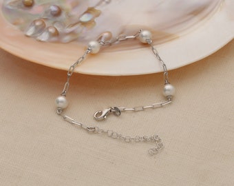Dainty Freshwater Pearl Bracelet, Rhodium Plated, Minimalist Beaded Design