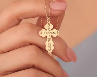 14k Solid Gold Orthodox Cross Pendant Necklace: Christian Baptism Gift