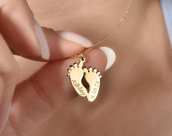 Collana per neomamma in oro massiccio 14k: piedini di bambino personalizzati
