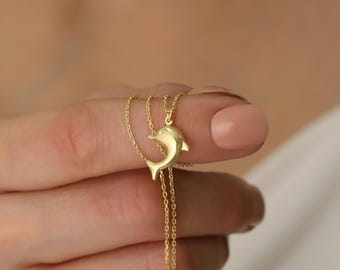 14k Gold Dolphin Necklace: Sterling Silver Sea Animal Pendant