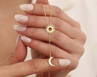 14K Gold Sun & Moon Necklace: Sterling Silver Celestial Jewelry