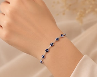 Bracelet mauvais œil plaqué or 14 carats, bracelet Nazar, bracelet chaîne bleu mauvais œil, bracelet de protection, bijoux minimalistes mauvais œil