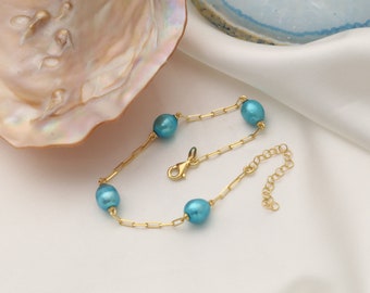 Pale Turquoise Pearl Bracelet, 14k Gold, Freshwater Pearl, Bridesmaid Gift