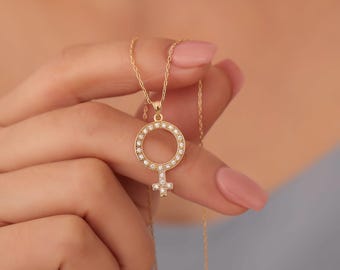 14K Gold Diamant Venus Symbol Halskette, feministische Halskette, weibliches Symbol Anhänger Halskette, zierliche Gold Frauen Symbol Schmuck, Girl Power Geschenk