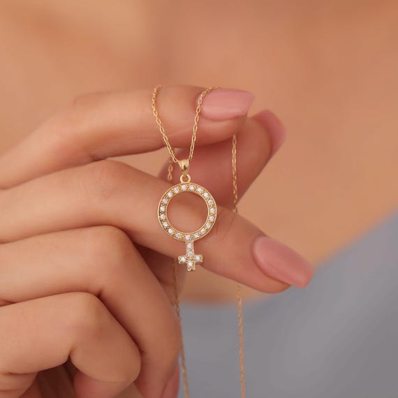Pave 14K Gold Feminist Necklace, Female Symbol Necklace, Venus