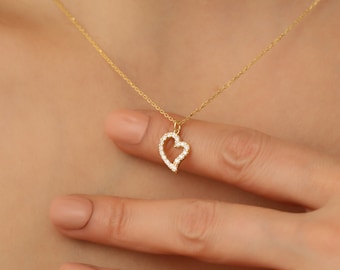 14k Gold Pave Diamond Heart Necklace, Crystal Love Necklace for Girlfriend, Minimalist Heart Necklace, Valentines Day Gifts
