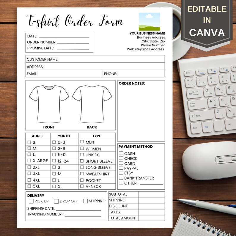 Tshirt Order Form Template Editable Tshirt Order Form Printable, Custom