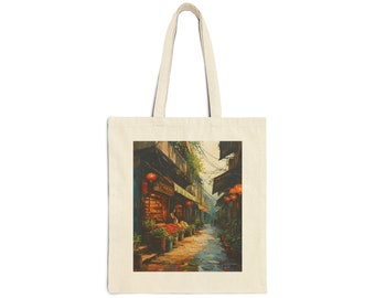 Vintage Asian Market Cotton Canvas Tote Bag,tote, reusable bag, cotton bag, shoulder bag, shopping bag, bangkok, thailand, south east asia
