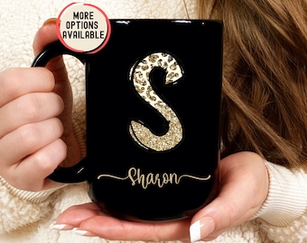 Personalized Gold Letter Monogram Black Mugs for Birthday Gifts Leopard Custom Letter Black Cups Coffee Lovers Mug Gift for Her Custom Mugs