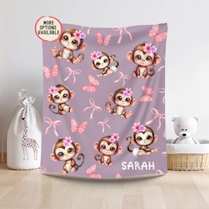 Custom Coquette Baby Monkey Blanket Special Gifts for Kids, Baby Girl Blanket, Personalized Baby Shower Gift,Girls Toddler Birthday Presents