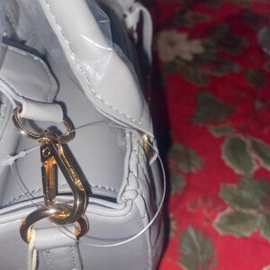 May include: A light gray handbag with gold-colored hardware, including a clasp and a chain attachment. The bag is partially visible through clear plastic. The background is a red floral pattern.