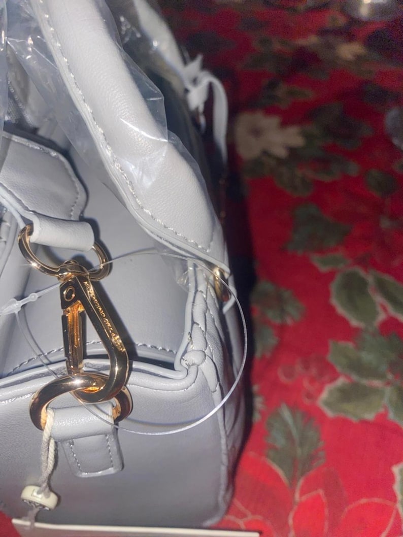 May include: A light gray handbag with gold-colored hardware, including a clasp and a chain attachment. The bag is partially visible through clear plastic. The background is a red floral pattern.