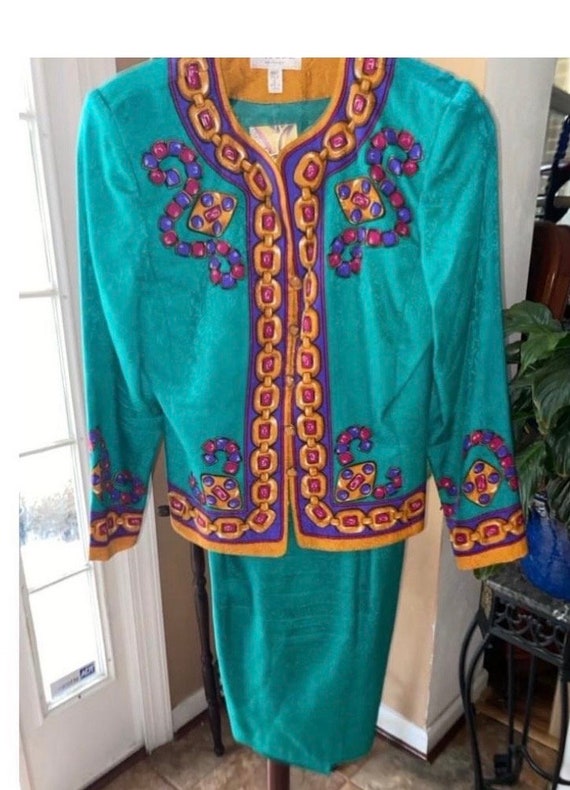 Women's Papell Petites Teal Silk Suit Size 8