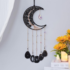 Moon Suncatcher: Black Agate Gemstone Dreamcatcher, Boho Decor