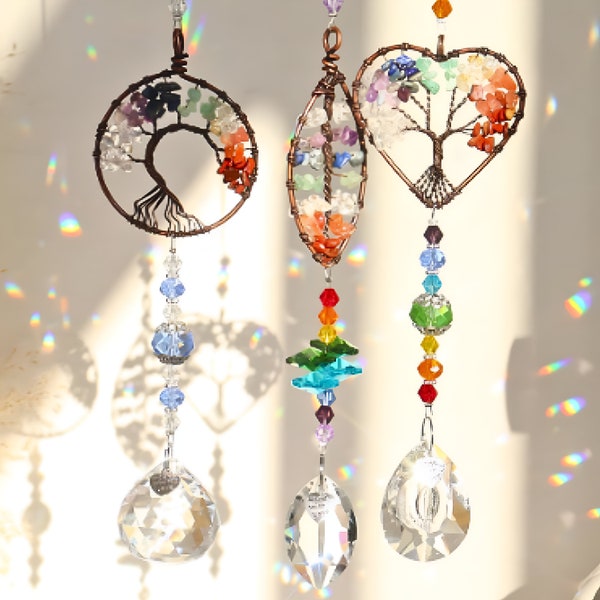 Crystal suncatcher tree of life, Gemstone suncatcher, Rainbow maker, Window crystal, Crystal hanging, Boho decor, House warming gift