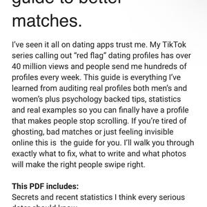 Könnte beinhalten: Ein digitaler Ratgeber mit dem Titel "Dating-Profil-Geheimnisse, die Sie gerne kennen würden". Der Text ist in schwarzer Schrift auf weißem Hintergrund. Der Ratgeber verspricht, Nutzern zu helfen, bessere Dating-Profile zu erstellen.