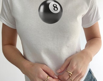 Lucky 8 ball print y2k baby tee, 90s graphic t-shirt, 8 Ball billiard print t-shirt, 90s Baby tee, Black 8 ball print vintage graphic shirt