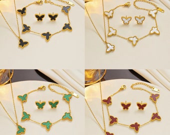 Schmetterling / Butterfly Schmuckset aus Edelstahl, gold mit farbigem Stein, Halskette, Armband, Ohrringe