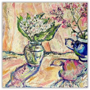 Pintura al óleo original floral, naturaleza muerta, jarrón, flores, arte primaveral, impresionista, decoración del hogar, regalo, obra de arte texturizada, diseño colorido rosa y verde