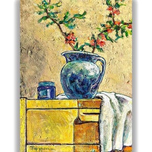 Textured Original Oil Painting on canvas Still Life floral with Blue Vase, Kitchen Wall