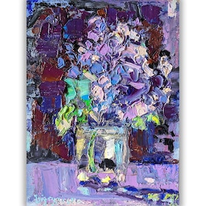 Textured Floral Oil Painting: Purple Flowers in Vase, Impressionist Art OOAK