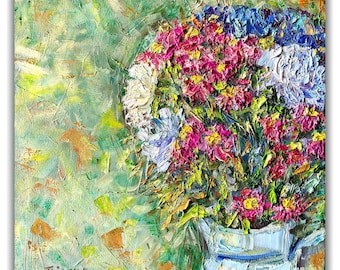 Original Impasto Floral Oil Painting Colorful Bouquet on Canvas Textured Flower Wall Art