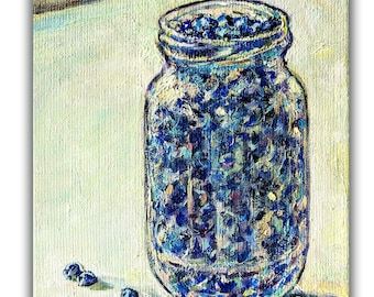 Blueberry Still Life Oil Painting on Canvas, Original Kitchen Wall Art, Small Rustic Artwork
