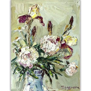 Pintura a óleo original, buquê floral, peônia texturizada, íris, arte de parede, flores impressionistas, presente para decoração de casa dela