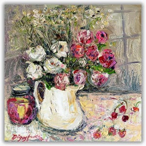 Original Rosen Ölgemälde: Blumen Stillleben Impasto Kunst auf Leinwand gemasert