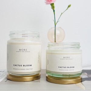 May include: Two glass candle jars with gold lids. The jars are filled with white wax and have labels that read "MORE SCENTS FOR SPACES" and "CACTUS BLOOM VEGAN & HAND CRAFTED".