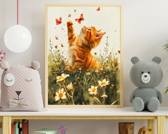 Lámina artística de gato en acuarela, lindo gatito marrón con mariposas (descarga digital)