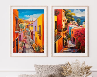 メキシコ旅行イラストプリントセット、2枚セット - 明るいメキシコの風景を描いたホームデコレーション、旅行者へのギフト