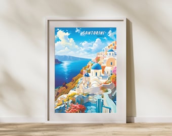 Santorini Greece Art Print, Colorful Mediterranean Landscape (Digital Download)