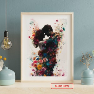 Romantic Watercolor Art - Intimate Couple Embrace with Roses Anniversary or Valentine&#39;s Day gift
