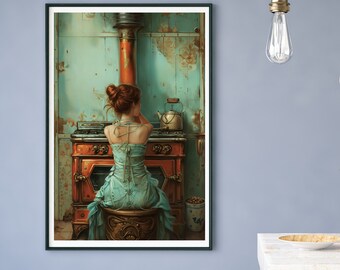 Vintage Woman Kitchen Art Print, Retro Illustration (Digital Download)