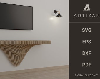 May include: A wooden wall shelf with a curved design, shown mounted on a white wall with a flat screen TV above it. Two black and gold wall sconces are on either side of the TV. The text "ARTIZAN" is in the upper right corner of the image. Below the text are the words "SVG, EPS, DXF, PDF" and "DIGITAL FILES ONLY".