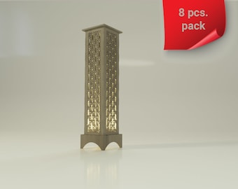 Peut inclure: Un ensemble de 8 modèles de lampes découpées au laser, parfaits pour créer une décoration intérieure unique et élégante. Les motifs sont complexes et détaillés, et la lampe est en bois. La lampe est allumée, créant une lueur chaleureuse et accueillante. L'image comprend également le texte "8 pcs. pack" et "ARTIZAN".