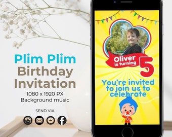 Puede incluir: La pantalla de un teléfono inteligente muestra una invitación de cumpleaños para un niño llamado Oliver que cumple 5 años. La invitación presenta un personaje de dibujos animados con una nariz roja y un fondo amarillo. El texto en la pantalla dice "Oliver cumple 5 años. Estás invitado a unirte a nosotros para celebrar."